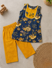 Load image into Gallery viewer, Blue Floral Cotton Kurta Set for Girls with Hand Embroidered Panel & Yellow Pants | Klingaru