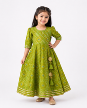 Load image into Gallery viewer, Green Bhandej Cotton Anarkali Dress for Girls