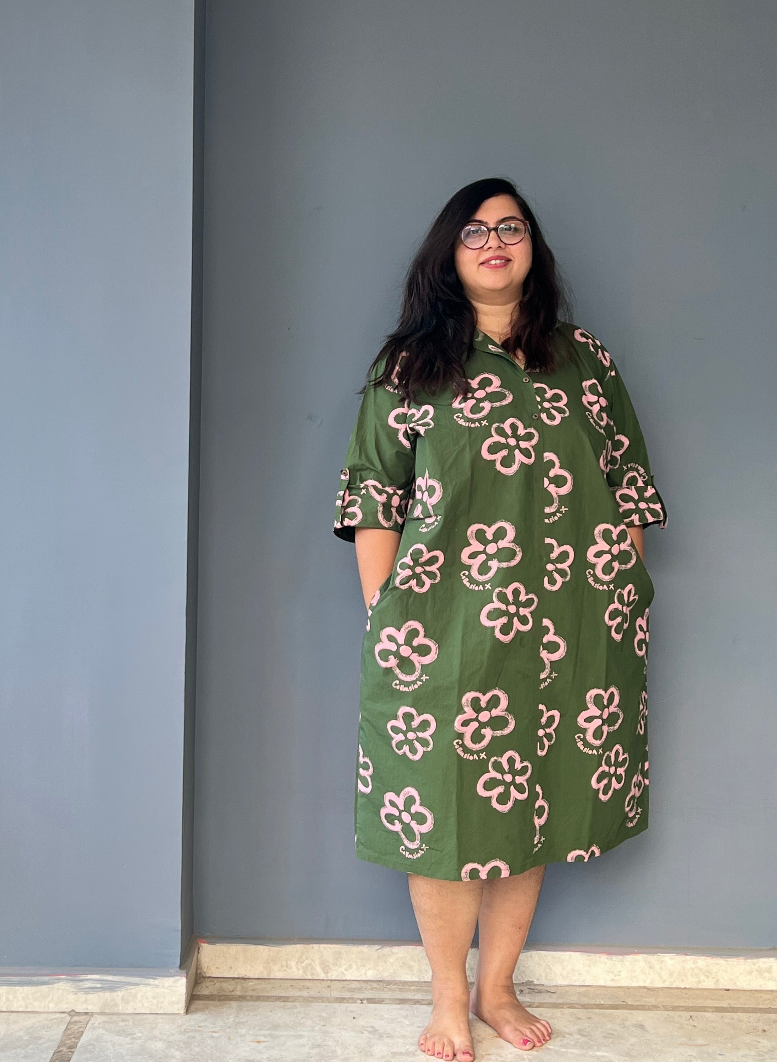 Women Plus Size Dress - Green Pink Flowers on PREORDER Women Plus Size Dress - Green Pink Flowers on PREORDER