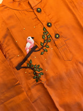 Load image into Gallery viewer, Klingaru Festive Long Kurta Set-  Rust Orange with Hand Embroidery Birds