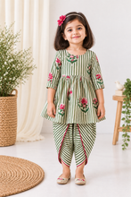 Charger l'image dans la galerie, Klingaru Girl Kurta and Tulip Dhoti Set - Green Lines with Flowers