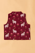 Load image into Gallery viewer, Klingaru Long Kurta Pajama Jacket Set- Offwhite with Maroon Pichwai Jacket