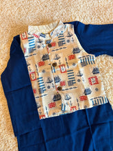Load image into Gallery viewer, Klingaru Long Kurta Pajama Jacket Set- Blue with Sea Voyage Jacket