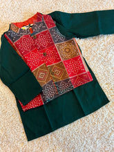 Load image into Gallery viewer, Klingaru Long Kurta Pajama Jacket Set- Green with Multicoloured Bandhej Jacket
