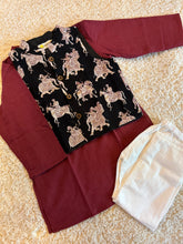 Load image into Gallery viewer, Klingaru Long Kurta Pajama Jacket Set- Maroon with Black Utsav