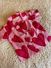 Load image into Gallery viewer, Pink shirt with red hearts and denim shorts. Pure cotton shirt with quirky print