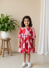 Load image into Gallery viewer, Pink with red hearts frock in cotton, 3/4th sleeves