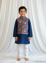 Load image into Gallery viewer, Klingaru Long Kurta Pajama Jacket Set- Blue with Blue Patola Festive Jacket
