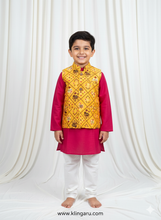 Load image into Gallery viewer, Klingaru Long Kurta Pajama Jacket Set- Red with Yellow Patola Festive Jacket