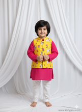 Load image into Gallery viewer, Klingaru Long Kurta Pajama Jacket Set- Pink with Yellow Pichwai Jacket