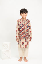 Charger l'image dans la galerie, Klingaru Long Kurta Pajama Jacket Set- Beige Red Blue Printed