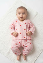 Charger l'image dans la galerie, Baby wearing a Jhabla set with hearts printed on Pink Stripe background, pure cotton print and extremely soft on babys skin