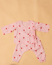 Charger l'image dans la galerie, Baby wearing a Jhabla set with hearts printed on Pink Stripe background, pure cotton print and extremely soft on babys skin