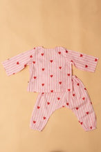 Charger l'image dans la galerie, Baby wearing a Jhabla set with hearts printed on Pink Stripe background, pure cotton print and extremely soft on babys skin
