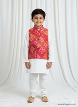 Load image into Gallery viewer, Klingaru Long Kurta Pajama Jacket Set - White with Pink Bandhej