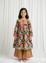 Load image into Gallery viewer, Klingaru Girl Kurta Set - Black Floral Plazzo Set
