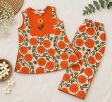 Charger l'image dans la galerie, Orange Floral Cotton Kurta Set for Girls with Hand Embroidered Panel & Pants | Klingaru
