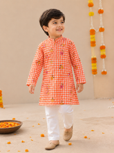 Charger l'image dans la galerie, Orange Gingham Cotton Kurta Pajama Set for Boys | Kids Festive & Ethnic Wear