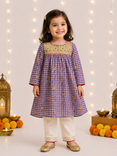 Charger l'image dans la galerie, Purple Gingham Kurta Pant Set for Girls with Embroidered Yoke | Festive Ethnic Wear