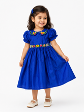 Load image into Gallery viewer, Royal Blue Embroidered Cotton Frock for Girls | Floral Collar Party Dress