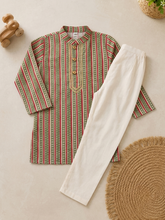 Charger l'image dans la galerie, Boy wearing green printed long kurta with bird print Nehru jacket and off-white pajama pants
