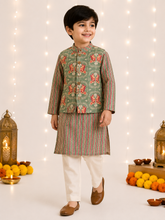 Charger l'image dans la galerie, Boy wearing green printed long kurta with bird print Nehru jacket and off-white pajama pants