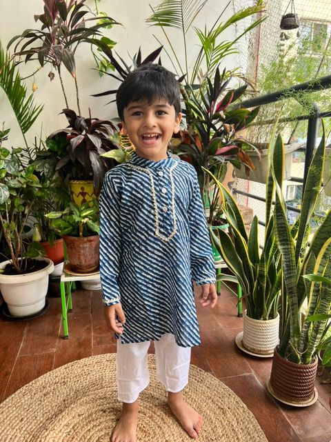 Klingaru Long Kurta Pajama Set  - Blue Lehariya ( 6 Months to 10 Years)