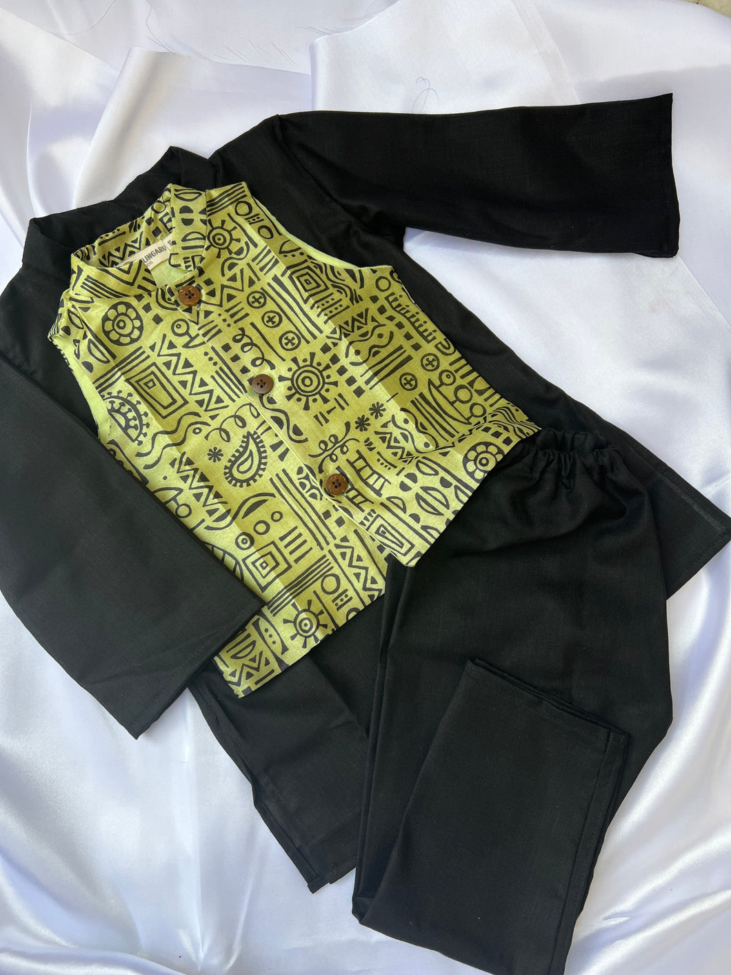 Klingaru Long Kurta Pajama Jacket Set- Black with Lime Green Jacket