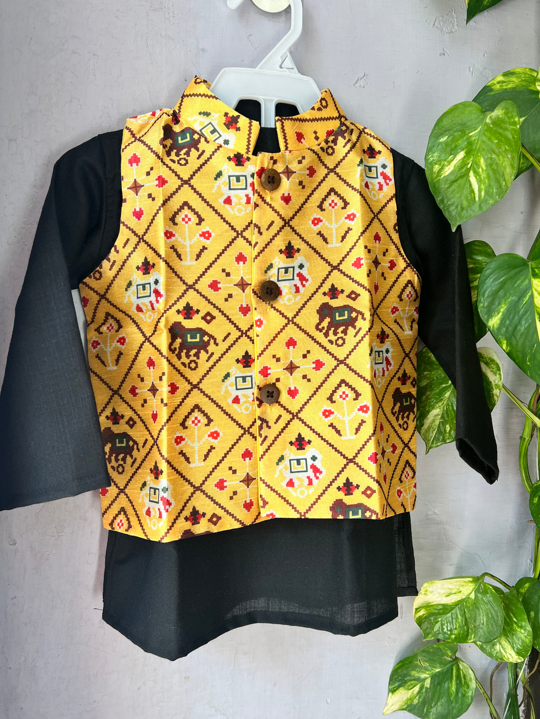 Klingaru Long Kurta Pajama Jacket Set- Black with Mustard Patola Jacket
