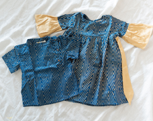 Load image into Gallery viewer, Klingaru Sibling Set - Festive Blue with Handblock Golden zig zag
