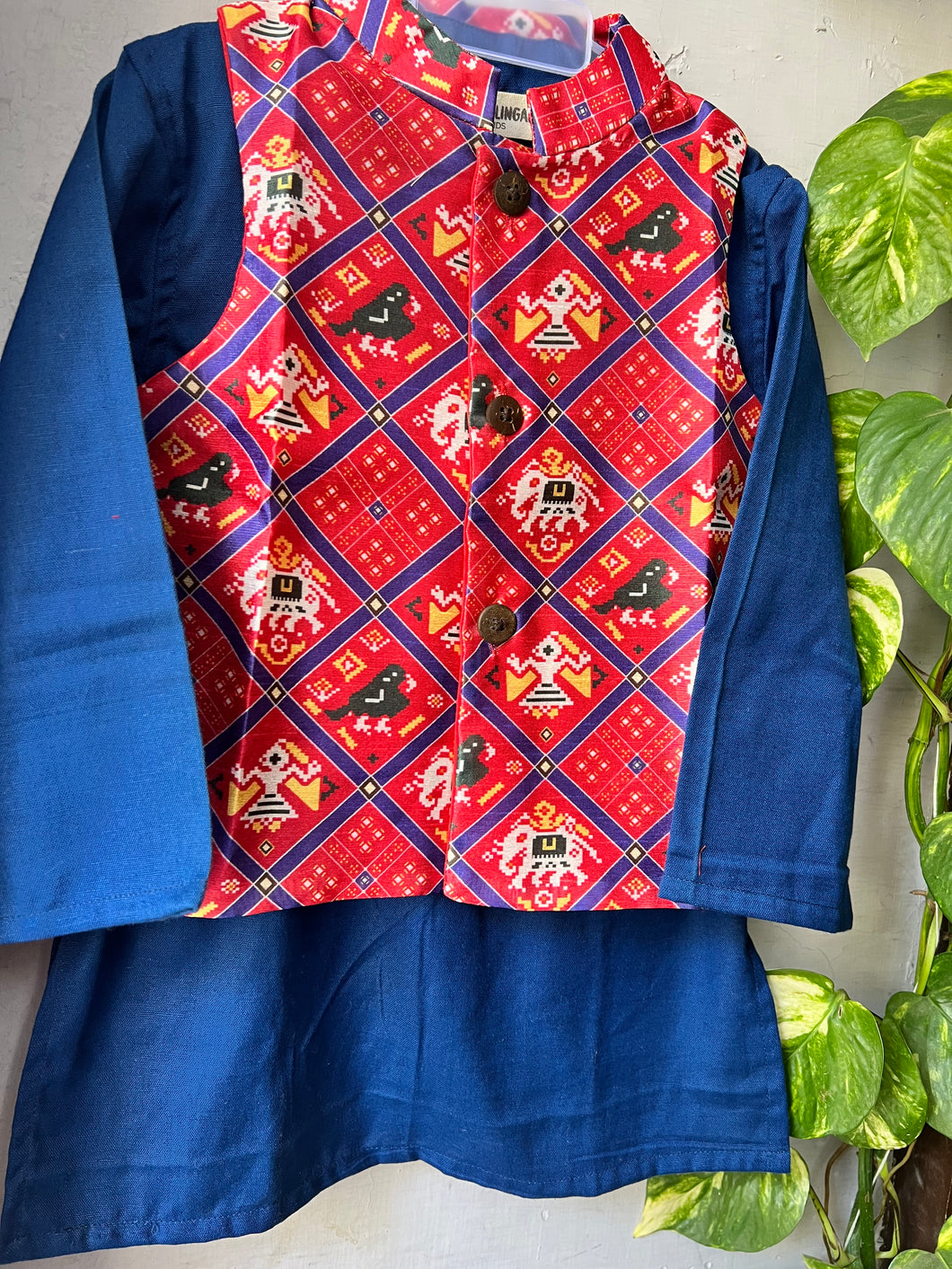 Klingaru Long Kurta Pajama Jacket Set- Blue with Red Patola Jacket