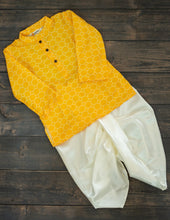 Load image into Gallery viewer, Klingaru Long Kurta Set - Yellow Muslin with Satin Dhoti