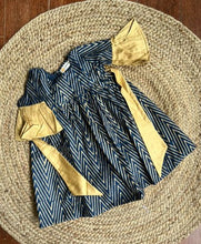 Load image into Gallery viewer, Klingaru Sibling Set - Festive Blue with Handblock Golden zig zag
