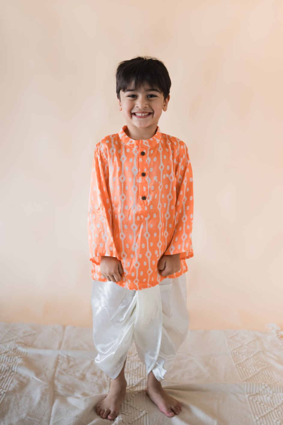 Klingaru Boys Set Peach Orange Modal Silk with Satin Dhoti 2 3 Years