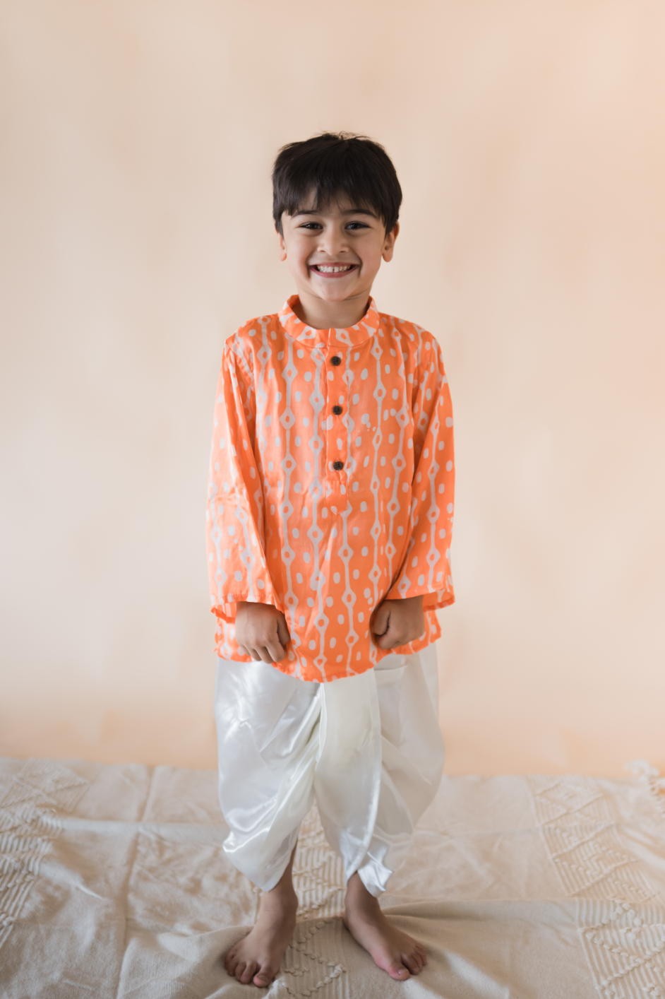 Klingaru Boys Set - Peach Orange Modal Silk with Satin Dhoti 2-3 Years