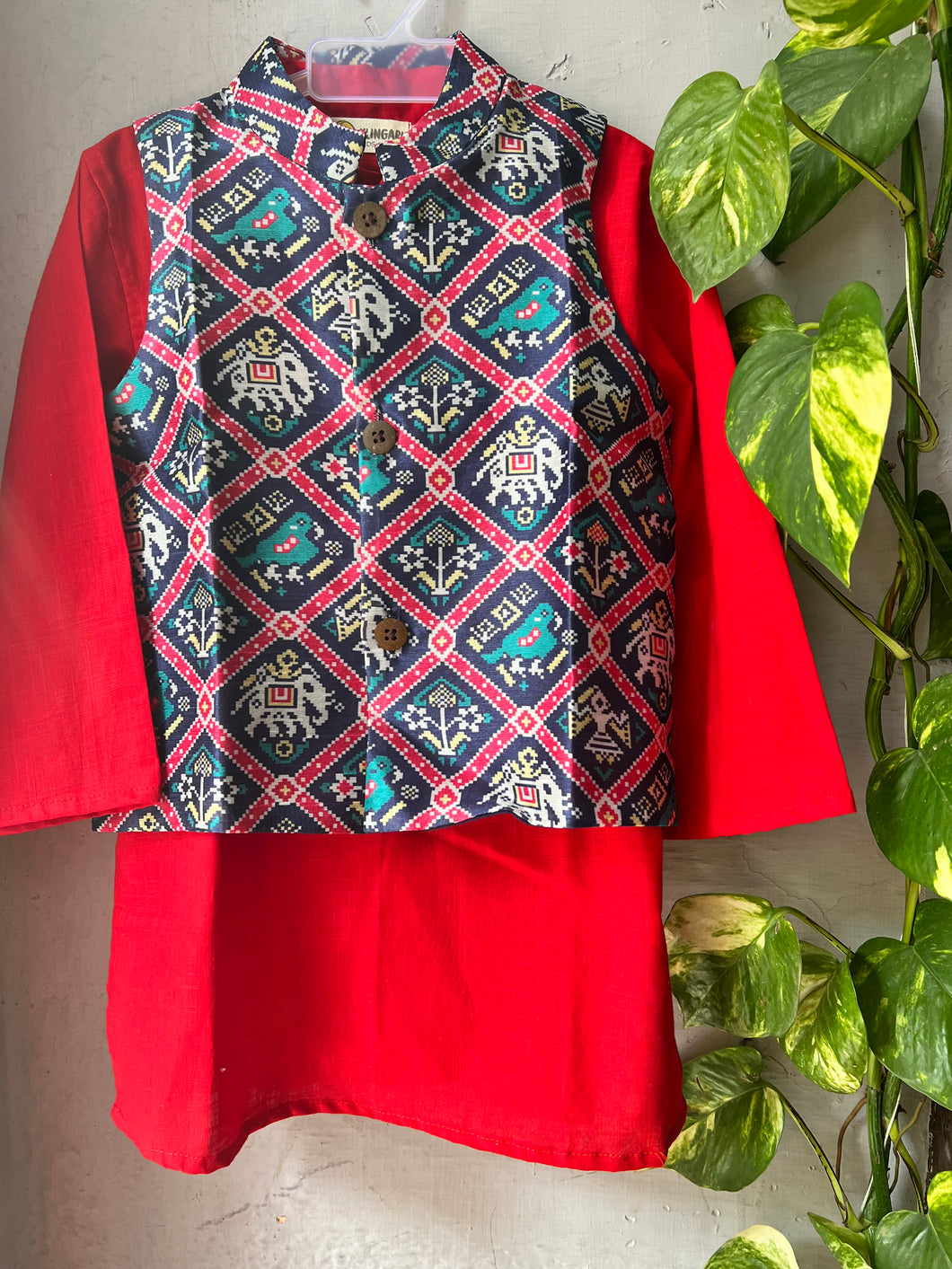 Klingaru Long Kurta Pajama Jacket Set- Red with Blue Patola Jacket