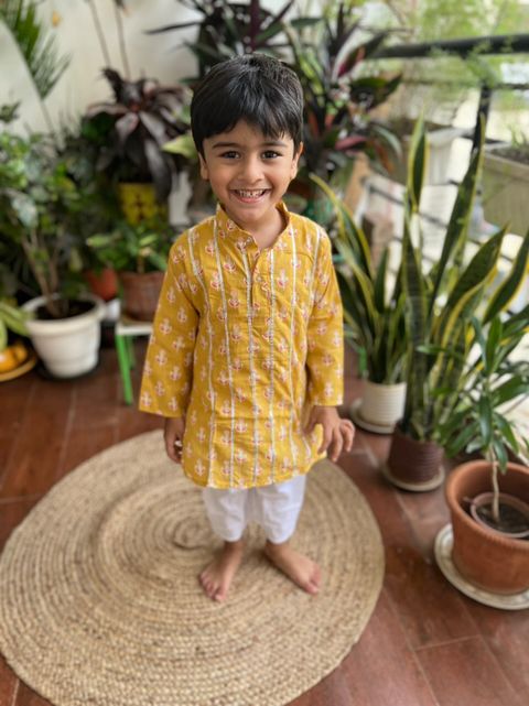 Klingaru Long Kurta Pajama Set Yellow Printed with Gota 6 Months to 10 Years