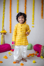 Load image into Gallery viewer, Klingaru Long Kurta Set - Yellow Muslin with Satin Dhoti