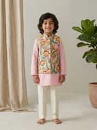 Klingaru Long Kurta Pajama Jacket Set- Pink with Lotus Pichwai Jacket