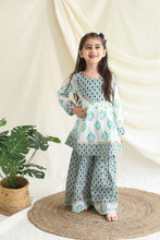 Load image into Gallery viewer, Klingaru Girls Sharara Set - Blue Green booti with Gota Lace Work
