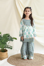 Load image into Gallery viewer, Klingaru Girls Sharara Set - Blue Green booti with Gota Lace Work
