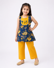 Load image into Gallery viewer, Blue Floral Cotton Kurta Set for Girls with Hand Embroidered Panel &amp; Yellow Pants | Klingaru
