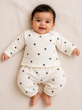 Load image into Gallery viewer, Brown Hearts on White Organic Muslin Cotton Baby Co-ord Set | Double Gauze Cotton
