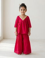 Girls Rani Pink Gold Lace Kurta & Palazzo Set | Traditional Indian Wear for Kids