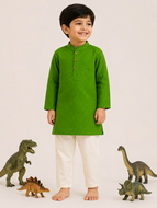 Boy wearing green cotton kurta with Mandarin collar and off-white pajama pants for kids