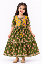 Charger l'image dans la galerie, Green Floral Cotton Tiered Dress for Girls with Hand Embroidered Mustard Jacket | Festive Ethnic Wear | Klingaru
