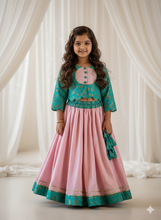 Load image into Gallery viewer, Klingaru Lehanga Choli  - Green with Pink Skirt - Banarasi hand woven with  Glaze Cotton Skirt  -  Preorder
