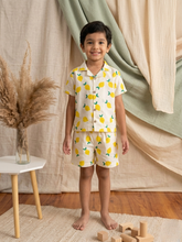 Load image into Gallery viewer, 
Child wearing Klingaru Shirt and shorts set which is pure cotton in quirky print, breathable fabric 
