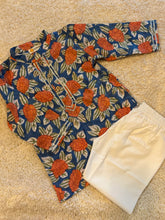 Load image into Gallery viewer, Klingaru  Festive Long Kurta -  Dark Blue with Orange Flowers
