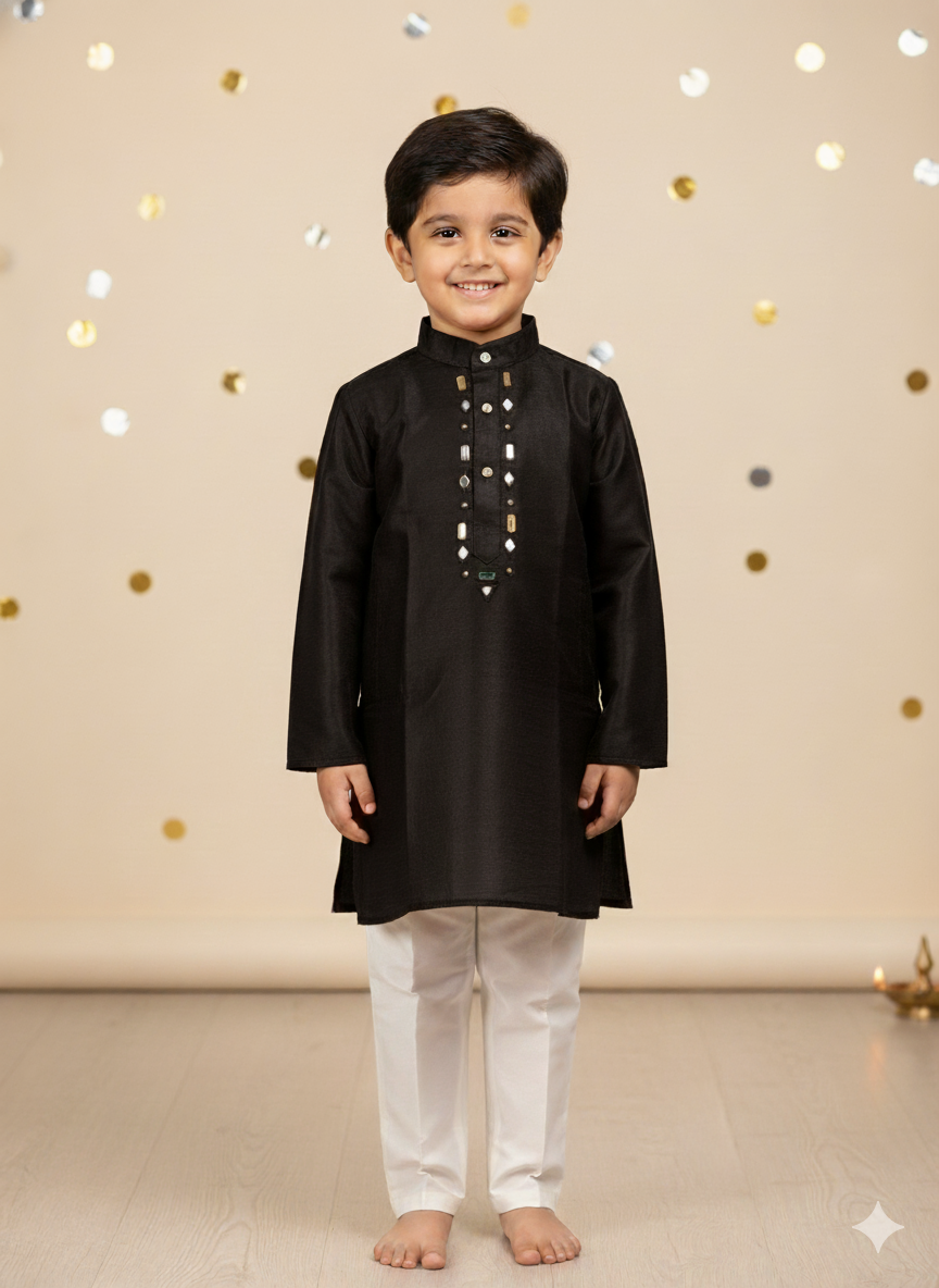 Klingaru Festive Long Kurta Pajama Set  - Mashru Black